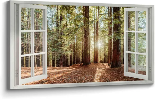 Vista 7 de Lienzo decorativo para pared de bosque de ventana, pintura de naturaleza, paisaje de amanecer, sala de estar, dormitorio, paisaje, imagen relajante