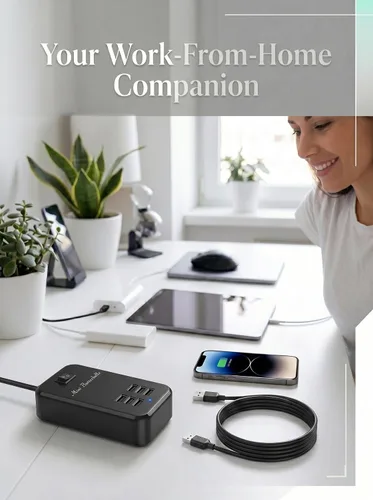 Vista 5 de Estación de carga USB, estación de carga de escritorio de 6 puertos para múltiples dispositivos, regleta de alimentación de pared con interruptor