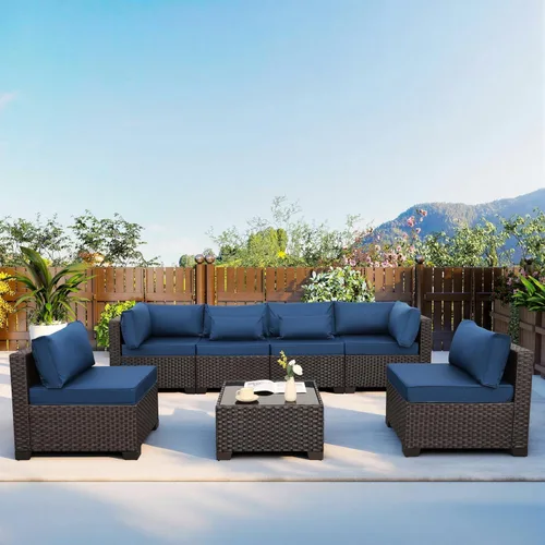 Vista 8 de WAROOM Juego de muebles de patio al aire libre, 7 piezas, sofá seccional de mimbre, sofá de conversación de ratán marrón con mesa auxiliar, cojín