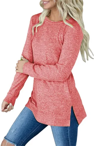 Vista 3 de Women's Pocket Sweater Solid Long Sleeve Loose Round Neck Split Bottom T Shirt Women Shirt Summer