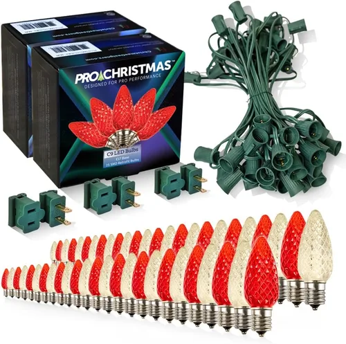 Vista 21 de Pro Christmas - Kit de luces C9 para exteriores, blanco cálido, cable verde, 50 bombillas, 50 pies