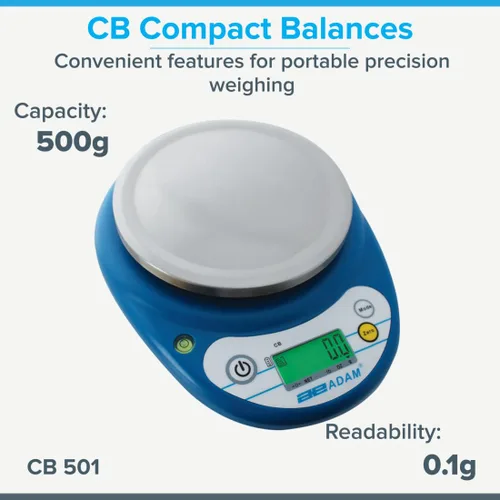 Vista 2 de Adam Equipment Balanza compacta CB 501, capacidad de 17.64 oz, legibilidad de 0.00 oz