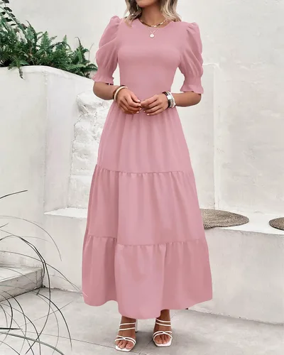 Vista 21 de BTFBM Vestidos para mujer, cuello redondo, casual, de verano, con volantes, manga corta, bohemio, con niveles, fruncido, largo, con estampado floral