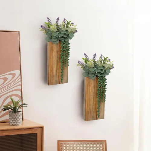 Vista 7 de Macetas de pared de madera, paquete de 2 con plantas de vegetación artificial - jarrones de pared de bolsillo para flores secas - decoración