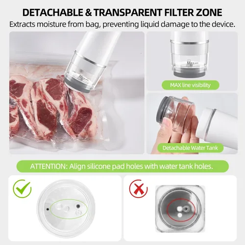 Vista 2 de Sellador al vacío, sellador de alimentos inalámbrico de mano con 30 bolsas reutilizables, sensor de parada automática y tanque de agua visible
