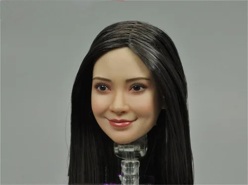 Vista 5 de Esculpa de cabeza femenina a escala 1/6, cabeza de cabello plantado de niña asiática tallada para figura de acción de 12 pulgadas (pelo liso negro)