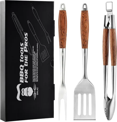 Vista 12 de Grilaz Juego de herramientas para barbacoa de acero inoxidable Mangos de madera teñida oscura Accesorios de parrilla para trabajo pesado Juego