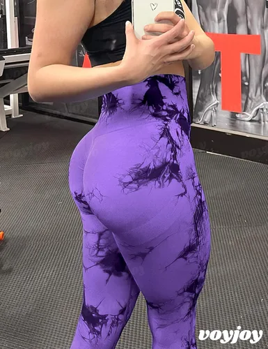 Vista 5 de VOYJOY - Leggings sin costuras de teñido anudado para mujer, pantalones de yoga de cintura alta, mallas elásticas con levantamiento de glúteos