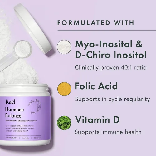 Vista 3 de Rael Balance hormonal para mujeres, suplemento en polvo de inositol - Vitamina B8, proporción probada 40:1, ácido fólico para la función ovárica