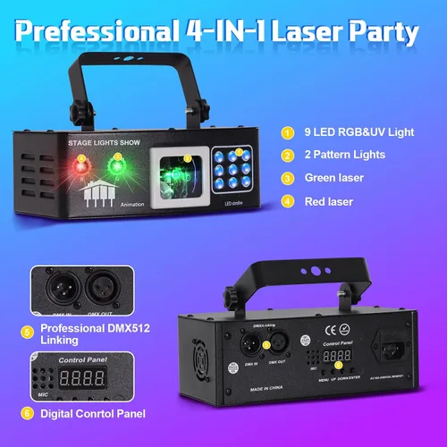 Vista 5 de Luces láser para DJ, luces de fiesta Pro 4 en 1 con activación por sonido y control DMX, espectáculo de luz láser RGBW y efecto de haz UV, luz láser