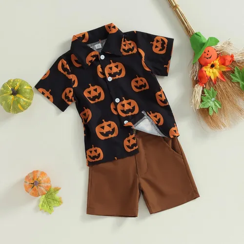 Vista 2 de Gueuusu Ropa de Halloween para bebé niño, camisa de manga corta con botones y cintura elástica, 2 piezas, traje de caballero