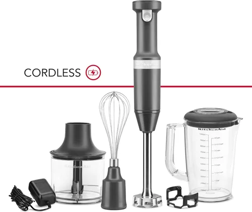 Vista 2 de KitchenAid Batidora de mano inalámbrica de velocidad variable con picador y accesorio de batidor - KHBBV83 Gris carbón mate
