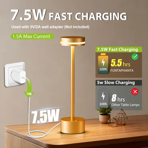 Vista 5 de Lámpara de mesa inalámbrica recargable dorada moderna, lámpara táctil de aluminio y batería operada de 4000mAh, lámparas de mesa LED de 3000K
