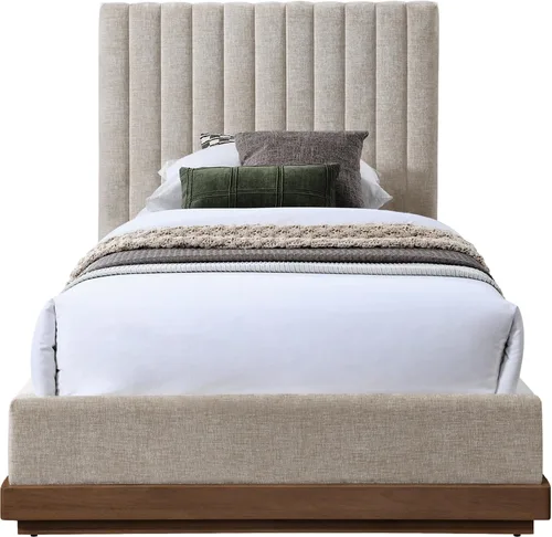 Vista 4 de Meridian Furniture B1245Beige-T Emmet Collection Modern Cama individual contemporánea con tela de felpilla beige suave, acabado de nogal, base