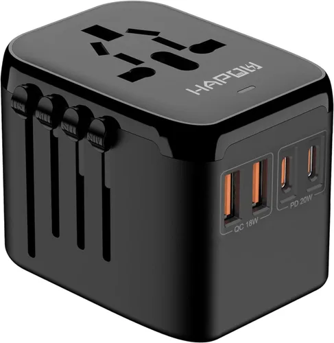 Vista 8 de HAPOW Adaptador de viaje universal - 1 cargador de viaje USB-C y 1 USB-A de carga rápida, adaptador de enchufe mundial para UE, Reino Unido, EE.