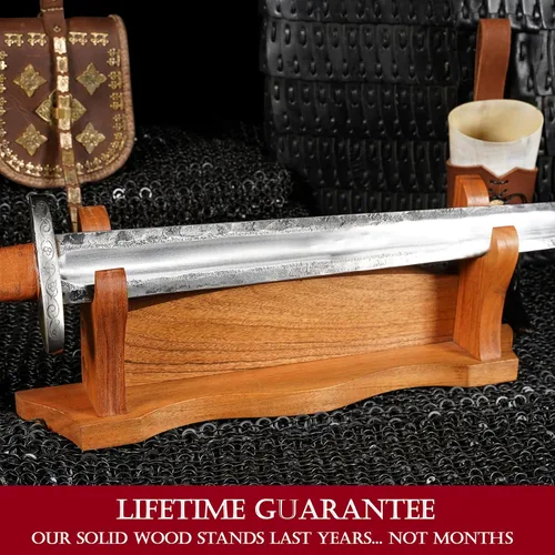 Vista 7 de Mythrojan Soporte de espada medieval de madera maciza horizontal para katana, samurái, gladiador, espadas cruzadas, soporte de mesa elegante, 1 nivel