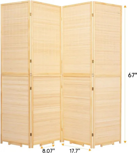 Vista 5 de Divisor de habitación tejido de malla de bambú de 5.6 pies, pantalla de privacidad plegable de 4 paneles, beige