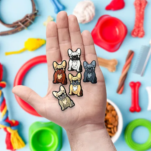 Vista 3 de Frenchie Croc Charms, juego de 5 piezas de dijes de Bulldog Francés, lindos y adorables dijes para adultos y niños, regalos para propietarios