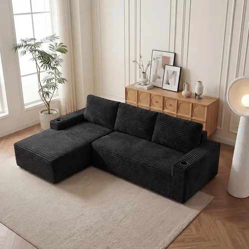 Vista 45 de Sofás seccionales sin hueso en forma de L de 104 pulgadas para sala de estar, cómodo sofá de pana con diván y portavasos, reposabrazos ancho
