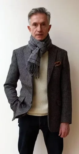 Vista 9 de HUUTOE Chaqueta de tweed para hombre, estilo vintage, casual, espiga, traje de tweed, dos botones, solapa con muesca y solapa, abrigo deportivo