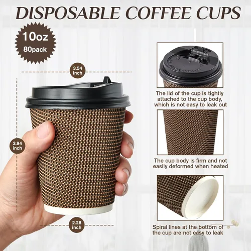 Vista 2 de LITOPAK Paquete de 80 tazas de café de papel de 10 onzas, tazas de café caliente con pared ondulada aislada con tapa y pajitas, tazas de tres capas