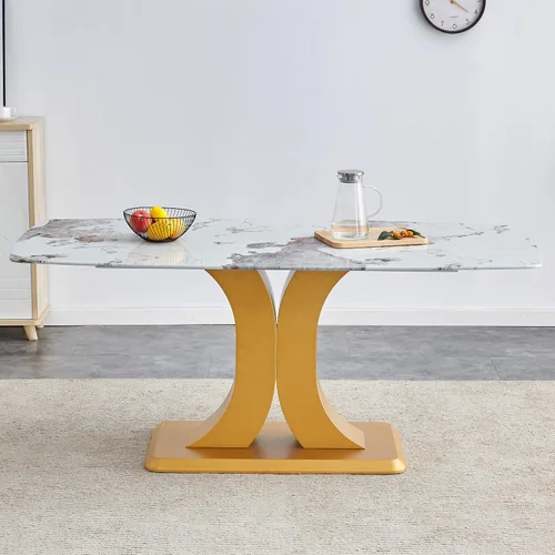 Vista 4 de A Modern Minimalist Dining Table. Imitation Marbled Glass Tabletop. Gold Table Legs for Kitchen and Living Room