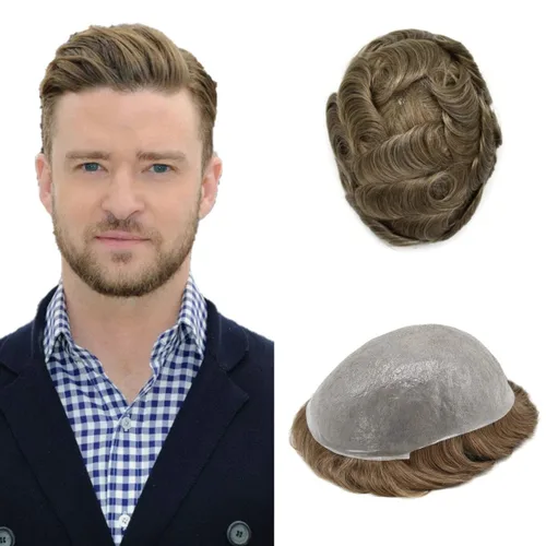 Vista 13 de Pieza de pelo para hombre, sistema de reemplazo de cabello de piel ultra fina para hombres, pieza de pelo de tupé para hombres, cabello humano real