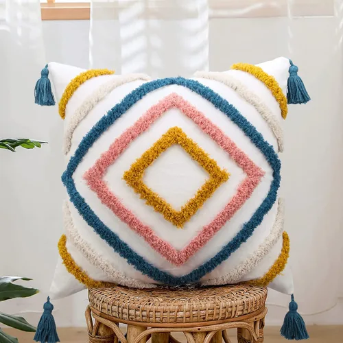 Vista 10 de JASEN Fundas de almohada bohemias, fundas de almohada decorativas tejidas con borlas y patrón de diamantes para sofá, dormitorio, sala de estar, sin