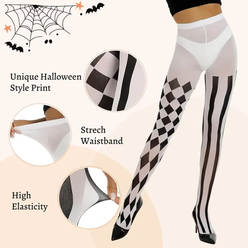 Vista 3 de Yilanmy Medias de Halloween para mujer, pantimedias sketelon, payasos, medias de murciélago aterrador