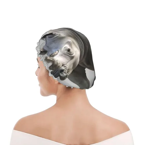 Vista 8 de Animal Rhino Print Shower Cap,Elastic And Reusable Bath Hair Hat For Long Hair,Large Waterproof Shower Bonnet,For Women Men Kids