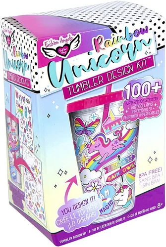 Vista 7 de Fashion Angels Kit de diseño de vaso de unicornio arcoíris, 2 hojas de calcomanías rellenas con 100 calcomanías impermeables para decorar 1 vaso