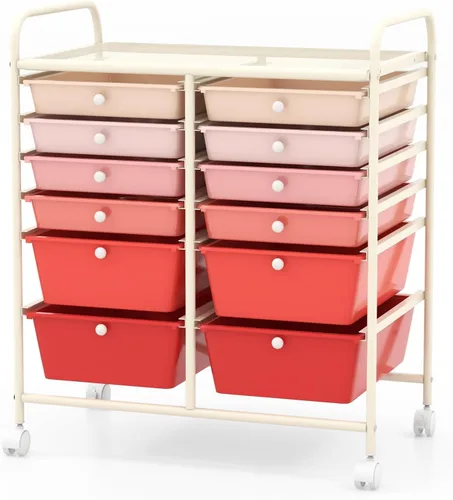 Vista 11 de COSTWAY Carrito de almacenamiento rodante con 4 cajones, carrito de almacenamiento de plástico y organizador con 4 cajones extraíbles, carrito