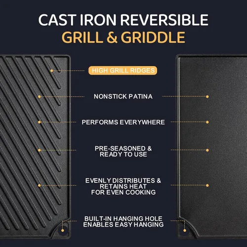 Vista 7 de EWFEN - Parrilla reversible de hierro fundido pre-sazonado de 16.7 x 9.5 pulgadas, utensilios de cocina de doble quemador, plancha rectangular