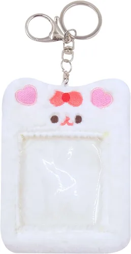 Vista 12 de JUMISEE Lindo soporte de tarjeta de fotos Kpop de felpa con llavero, funda de foto de oso de dibujos animados, protector de tarjeta de crédito