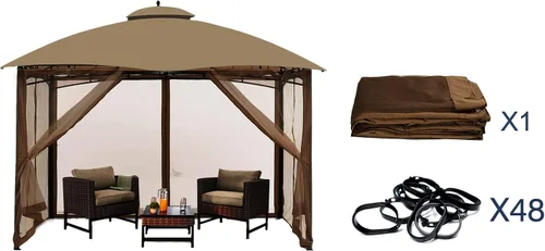 Vista 4 de Mosquitera Universal de Repuesto para Gazebo – Hugline 10' x 10' Pantalla de Malla para Exteriores de 4 Paneles con Cortina Lateral con Cremallera