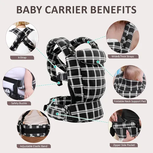 Vista 5 de Fruiteam - Portabebés ergonómico y ajustable, 100% algodón con soporte para la cabeza (cuadros negros y blancos)