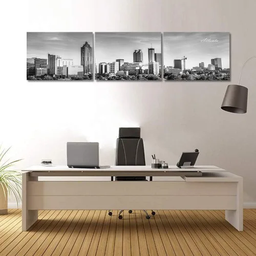 Vista 2 de TUMOVO 3 piezas de arte de pared en lienzo con diseño de horizonte de Atlanta, arte de pared panorámico de paisaje urbano en blanco y negro