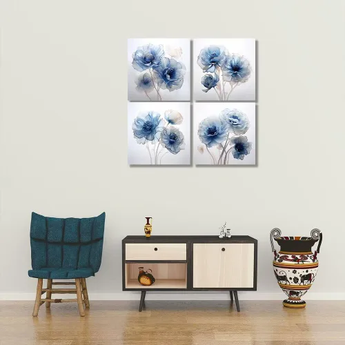 Vista 73 de Wall HDQ Arte de pared de flores para baño, dormitorio, sala de estar, decoración de pared azul y naranja, pintura floral, lienzo impreso, imagen