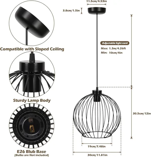 Vista 5 de GLOBOTECH Lámpara de araña industrial moderna de bola negra, lámpara colgante de jaula de metal, base E26 (sin bombilla), requiere montaje