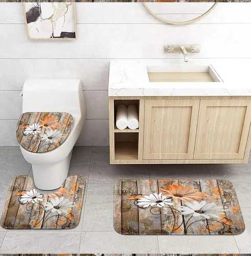 Vista 13 de JAWO Alfombra de baño con flores de granja, dalia en tablones de madera rústica, juego de tapetes de baño con flores azules, en forma de U