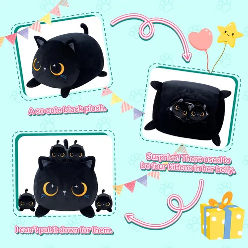Vista 3 de Gato Negro de Peluche Lindo Gato de Peluche Suave con 4 Almohadas Navideñas, de Acción de Gracias, Cumpleaños para Niñas, Niños, Niños Decoración