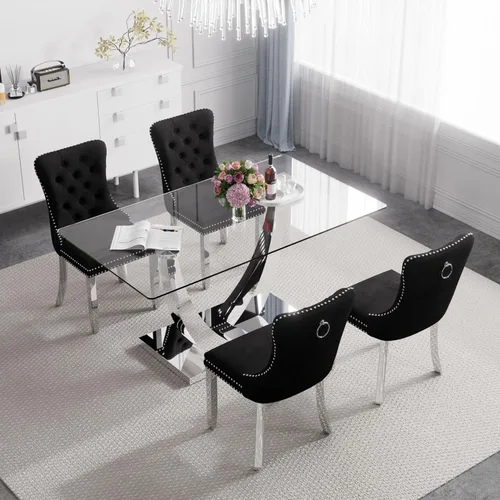 Vista 37 de Juego de mesa de comedor de cristal moderno de mediados de siglo para 4, 63 pulgadas, juego de comedor rectangular grande de lujo con parte superior