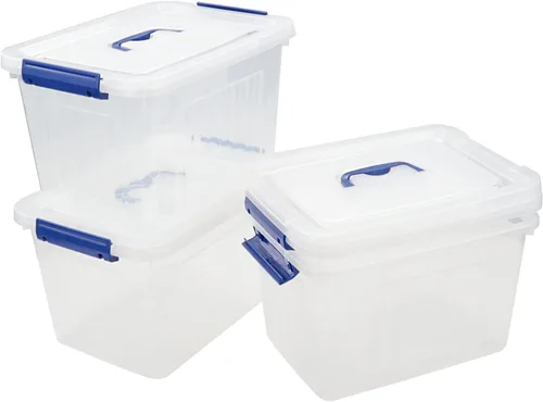 Vista 7 de Paquete de 4 cajas de almacenamiento de plástico de 10 L, caja de almacenamiento transparente con tapa Secure Side Buckle Latches, Dustproof Lid