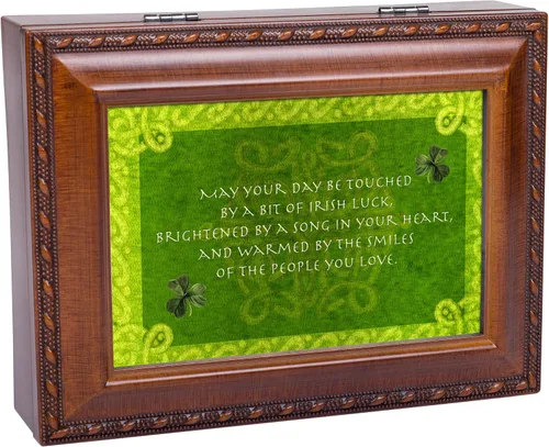 Vista 5 de Cottage Garden Days Be Touched Bit of Irish Luck Woodgrain Rope Trim Joyero Caja de música reproduce canción de cuna irlandesa