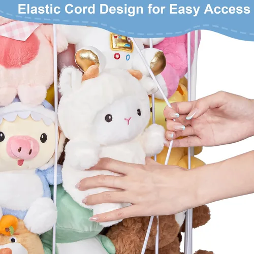Vista 5 de Organizador de almacenamiento de animales de peluche con tubo metálico pequeño, organizador de juguetes con cordón elástico, soporte para animales