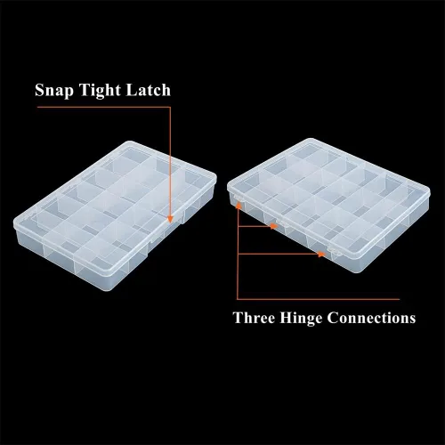 Vista 4 de Paquete de 2 cajas fijas de plástico transparente con compartimento de 18 rejillas, organizador transparente con tapa para cuentas, botón, hardware