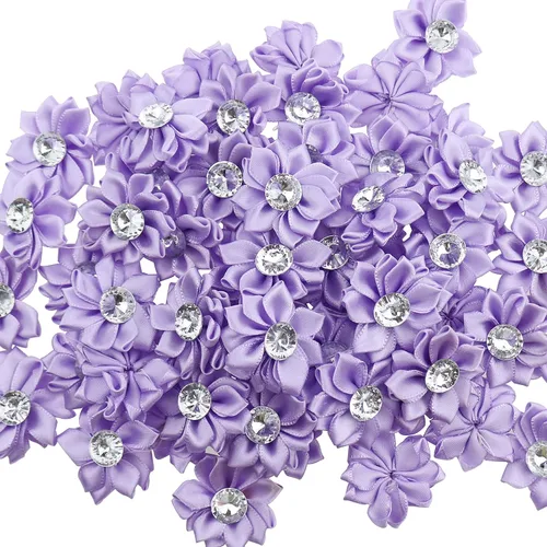 Vista 8 de 60 lazos de flores de cinta de satén, pequeñas flores de tela con margaritas con diamantes de imitación, lazos de cinta de satén para boda (azul)