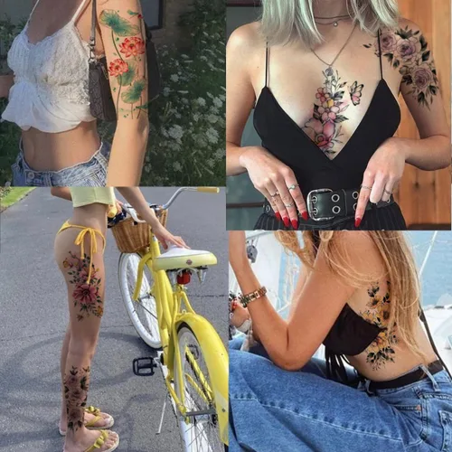 Vista 4 de CHARLENT Tatuajes temporales de flores de acuarela para mujeres y niñas, 10 hojas grandes, tatuajes falsos florales sexys para mujeres, arte