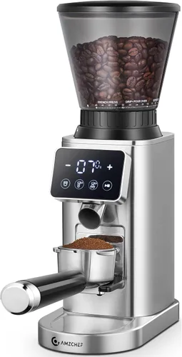 Vista 8 de AMZCHEF Molinillo de Café, Molinillo de Granos de Café con Rebaba para Uso Doméstico con 48 Configuraciones de Molienda Precisas, Embudo Desmontable