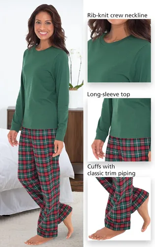 Vista 4 de Christmas Plaid Couples PJs - Red Green Plaid Flannel Pajamas
